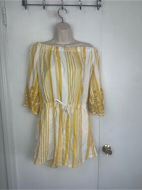Women’s Off-Shoulder Yellow & White Striped Dress with Embroidered Sleeves